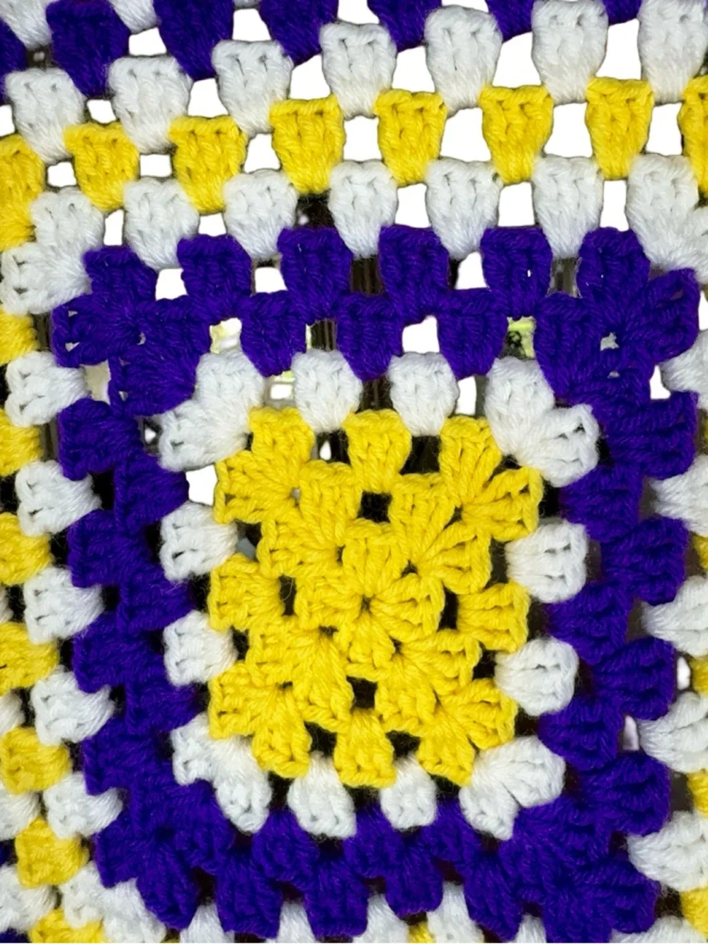 Handmade Square Pattern Yellow Purple and White Crochet Baby Blanket Throw